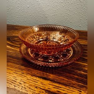 Vintage 1940s Indiana Glass pink Windsor Pattern 2 Piece Bowl Dish Made USA